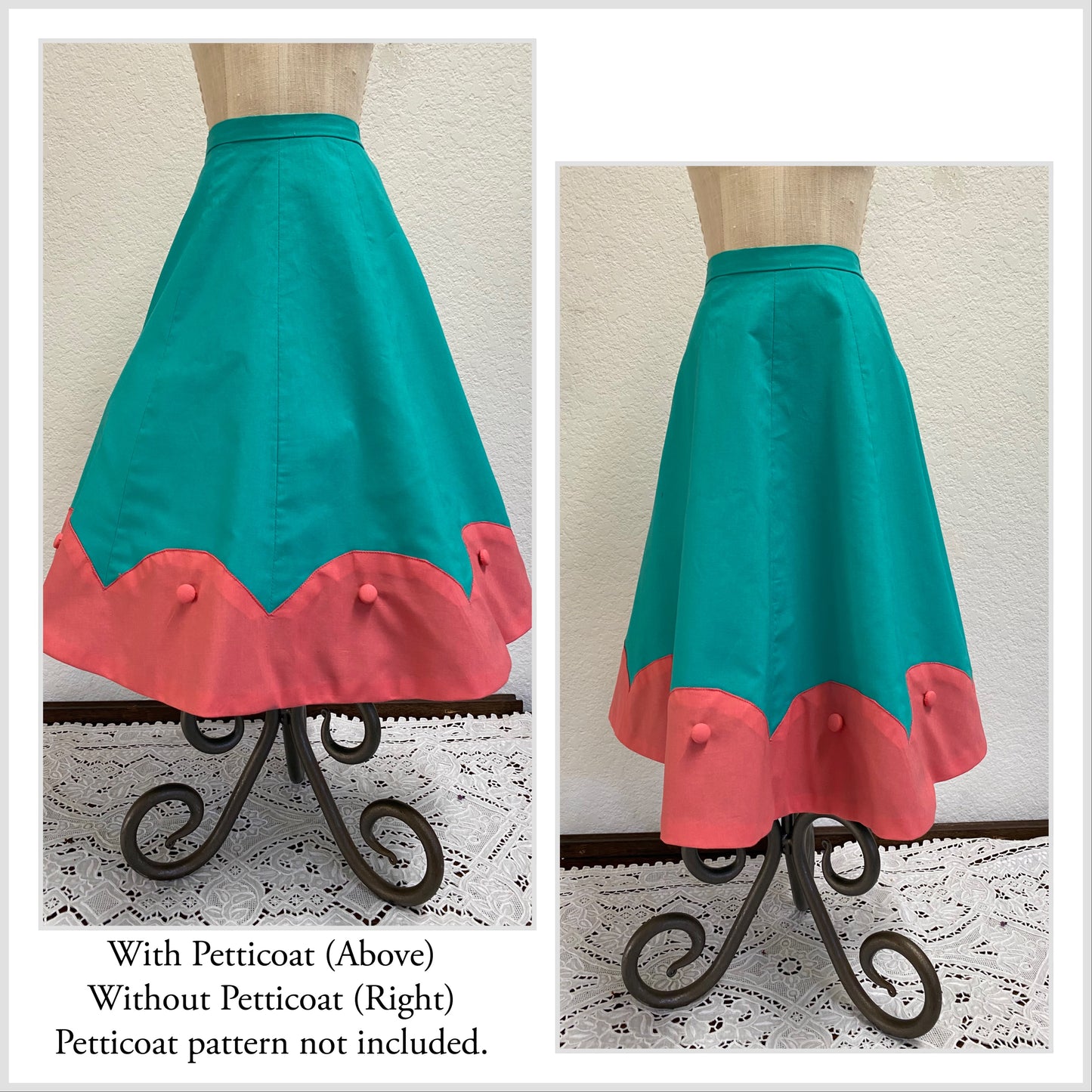 PRINTED PATTERN- Early 1950's Skirt with Scalloped Detail- Waist Sizes 24"-42"