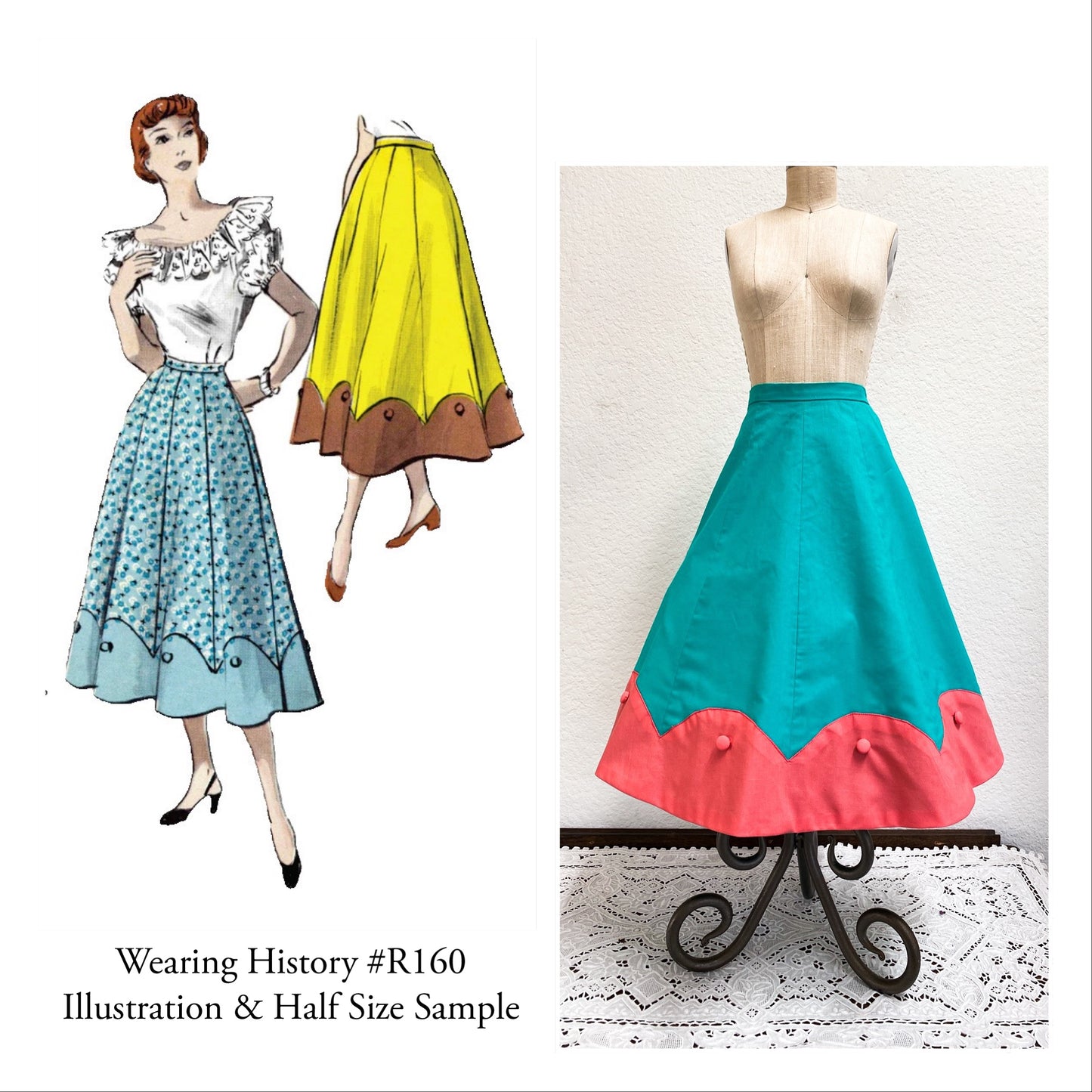 PRINTED PATTERN- Early 1950's Skirt with Scalloped Detail- Waist Sizes 24"-42"