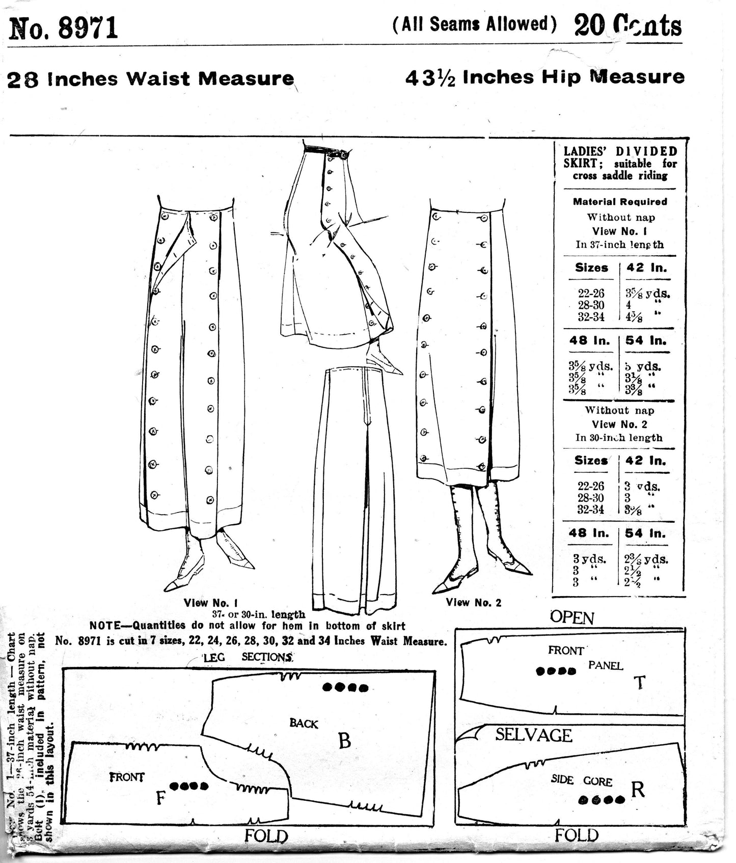 E-Pattern- 1910s 1920s Riding Pants or Split Skirt- 22"-42" Waist