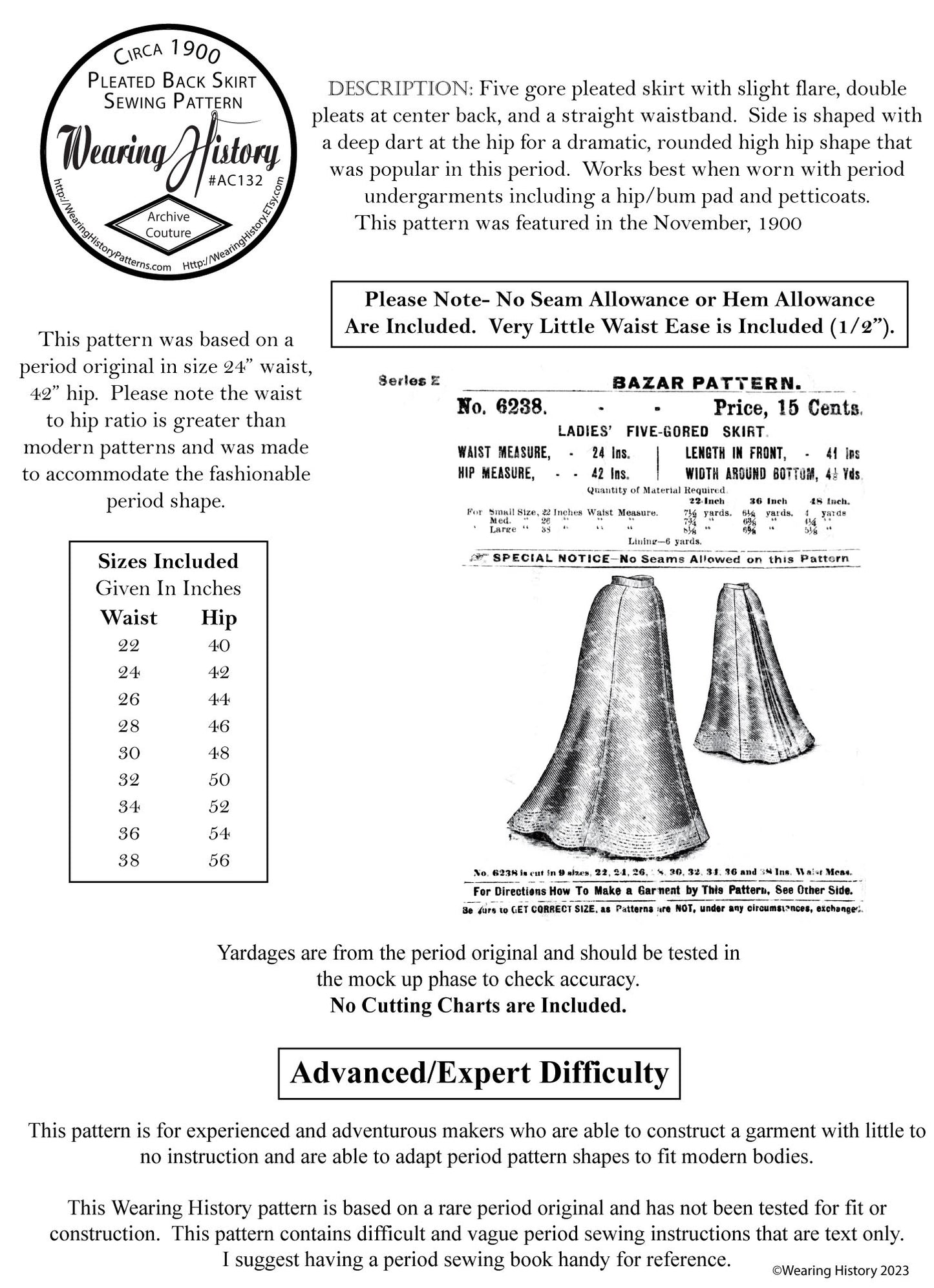 PRINTED PATTERN- 1900 Five Gored Skirt Pattern with Double Pleated Back