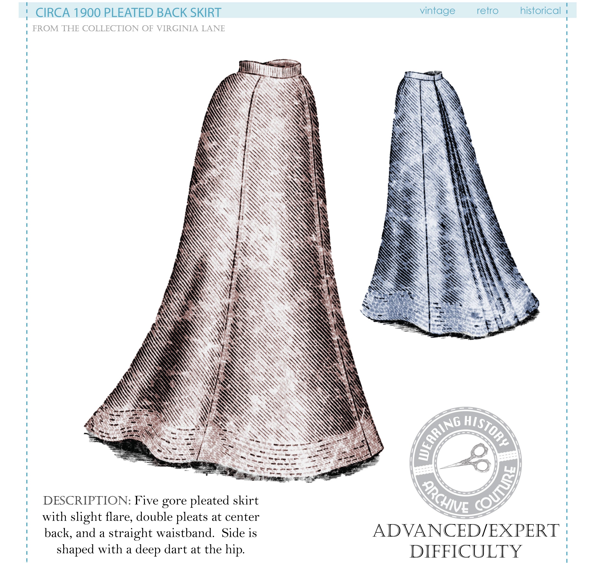 PRINTED PATTERN- 1900 Five Gored Skirt Pattern with Double Pleated