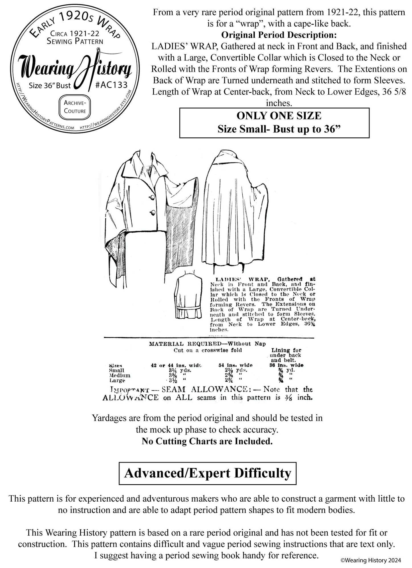 PRINTED PATTERN- Circa 1921-1922 Wrap- Size Small- Bust to 36"