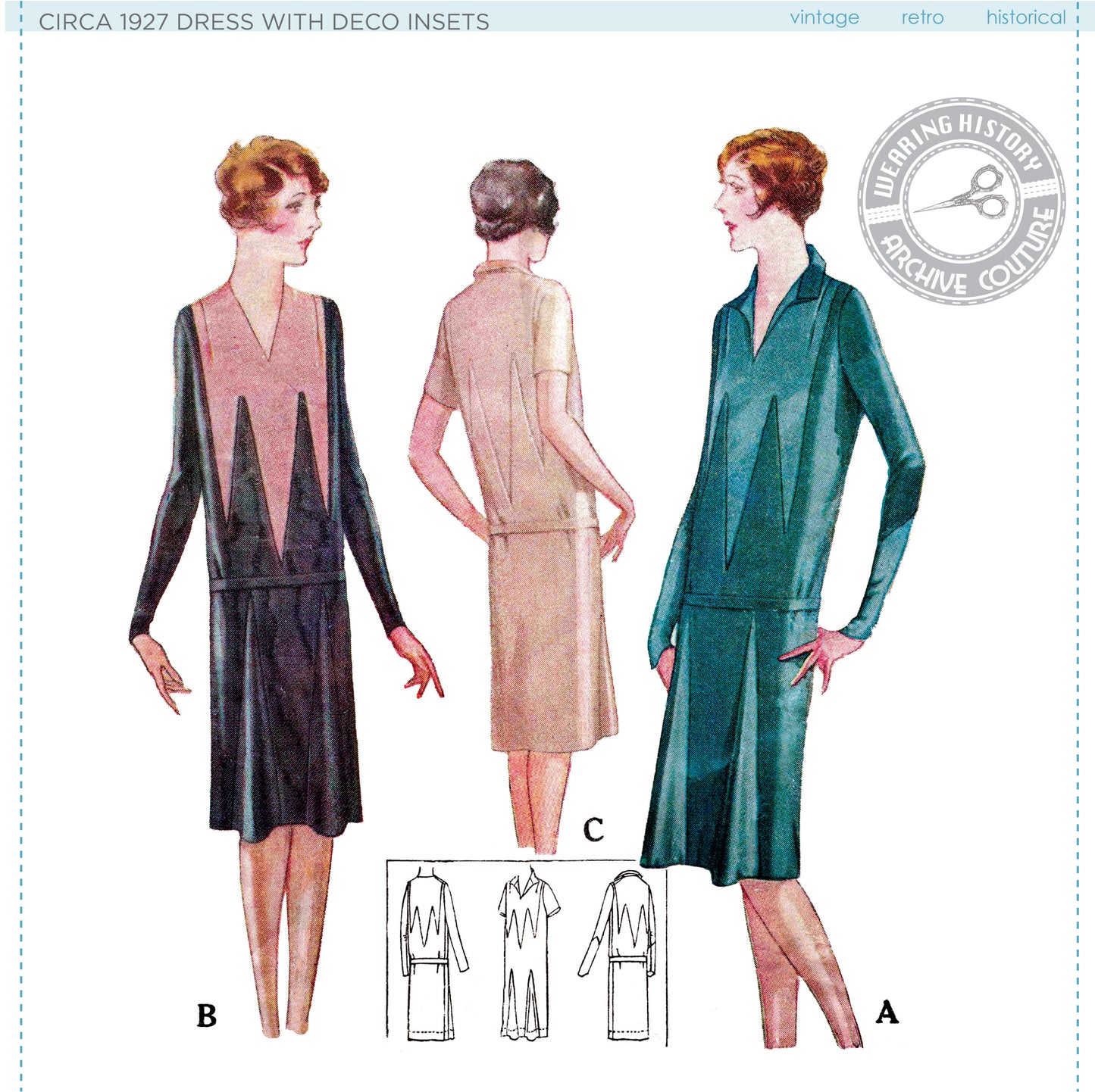 PRINTED PATTERN- Circa 1927 Art Deco Pointed Dress- Size 38-42" Bust- 1920s Dress Sewing Pattern