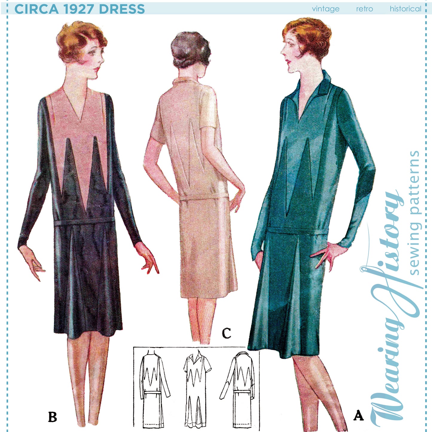 PRINTED PATTERN- Circa 1927 Art Deco Pointed Dress- Size 38-42" Bust- 1920s Dress Sewing Pattern