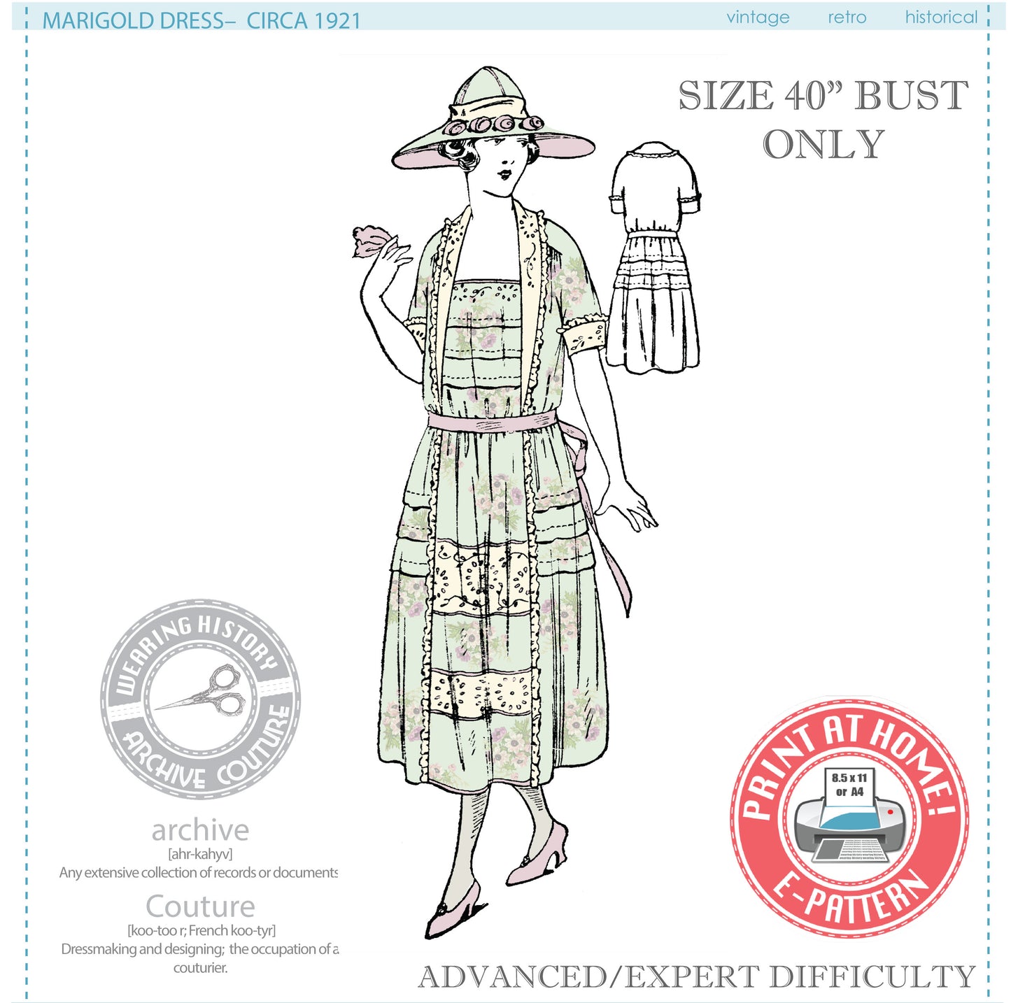 E-Pattern- Marigold- Circa 1921 Dress with Tucks- Bust 40