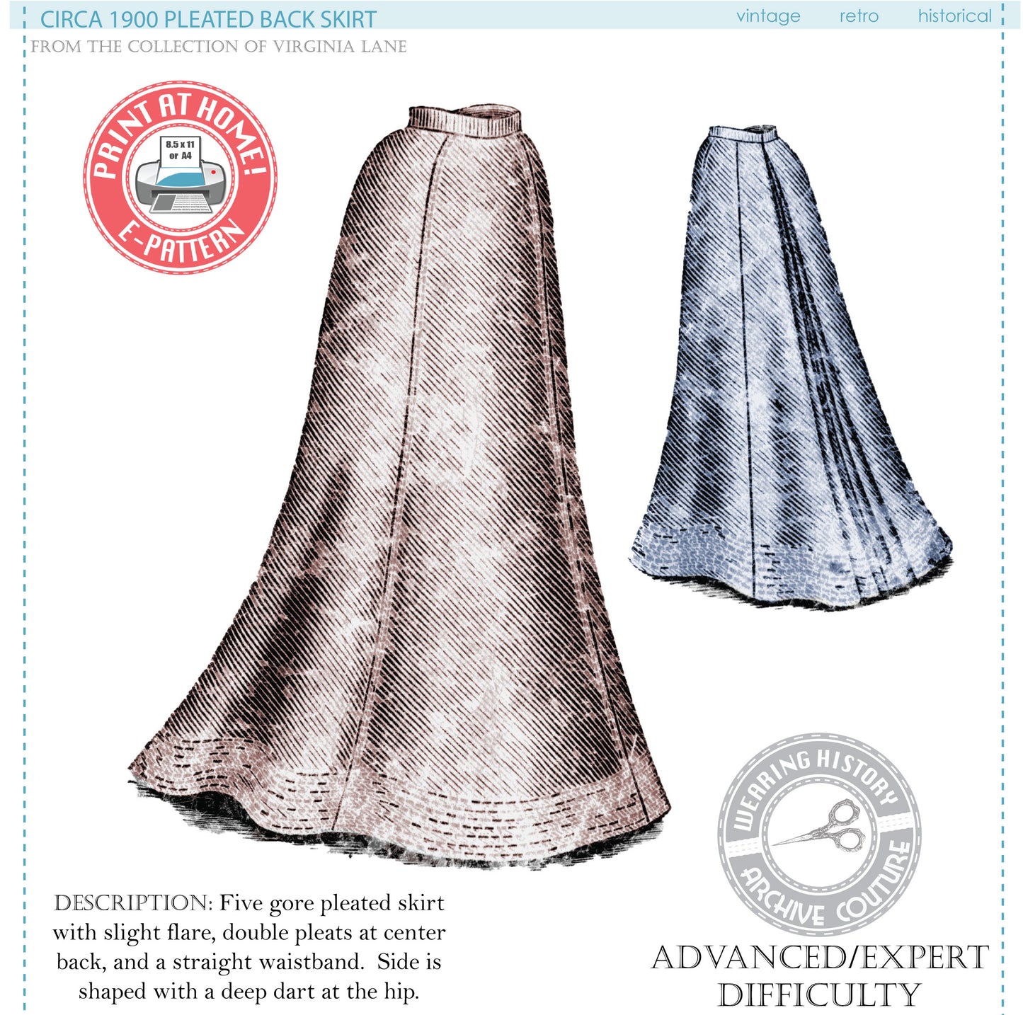 E-PATTERN- 1900 Five Gored Skirt Pattern with Double Pleated Back