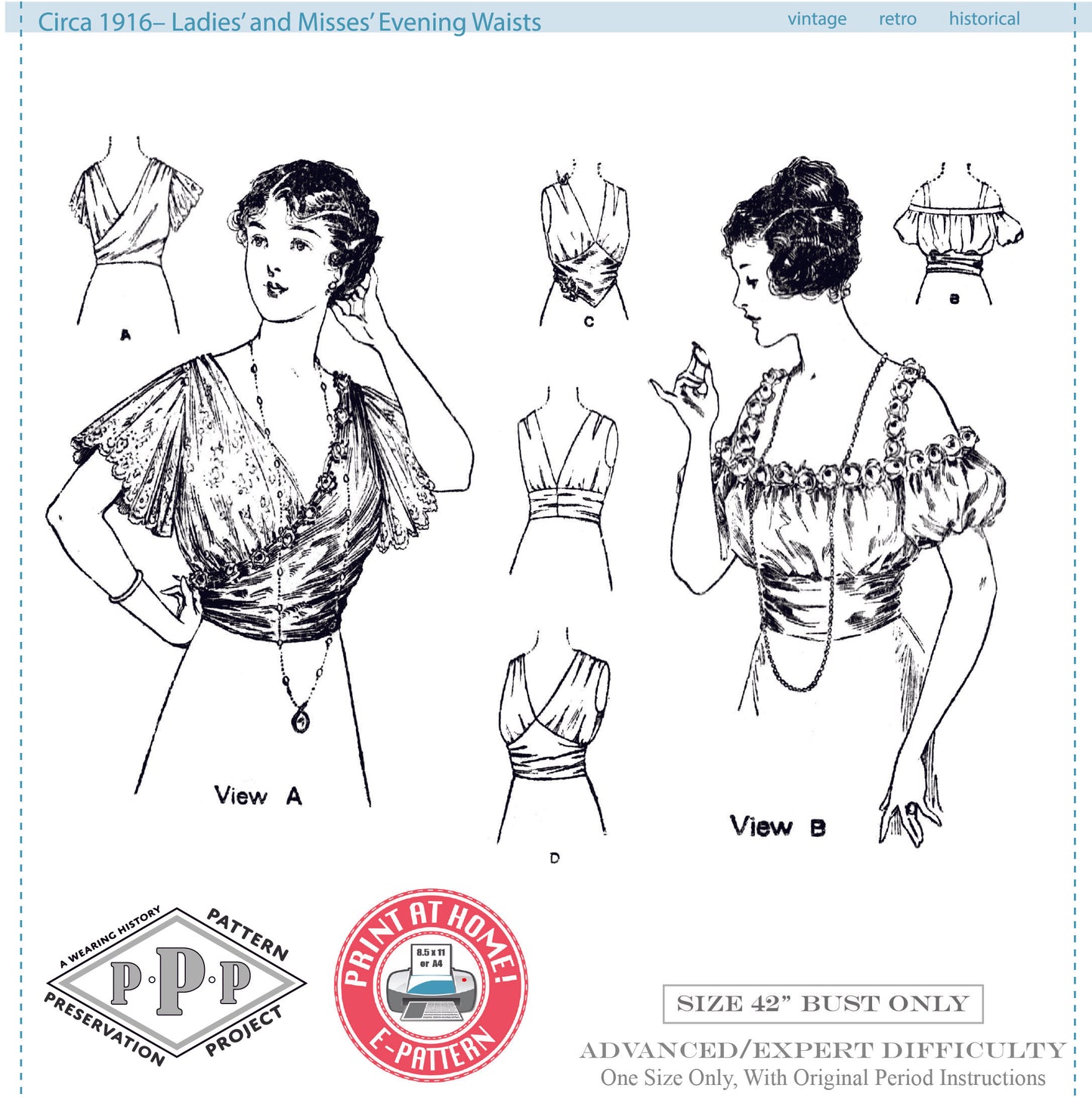 E-Pattern- Circa 1916 Ladies Evening Waists- Size 42" Bust