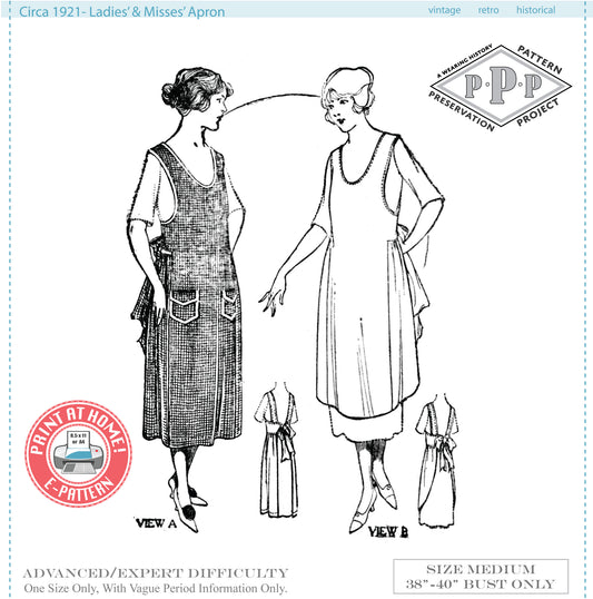 E-Pattern- Circa 1921 Ladies & Misses Apron Pattern- Size Medium- Bust 38-40