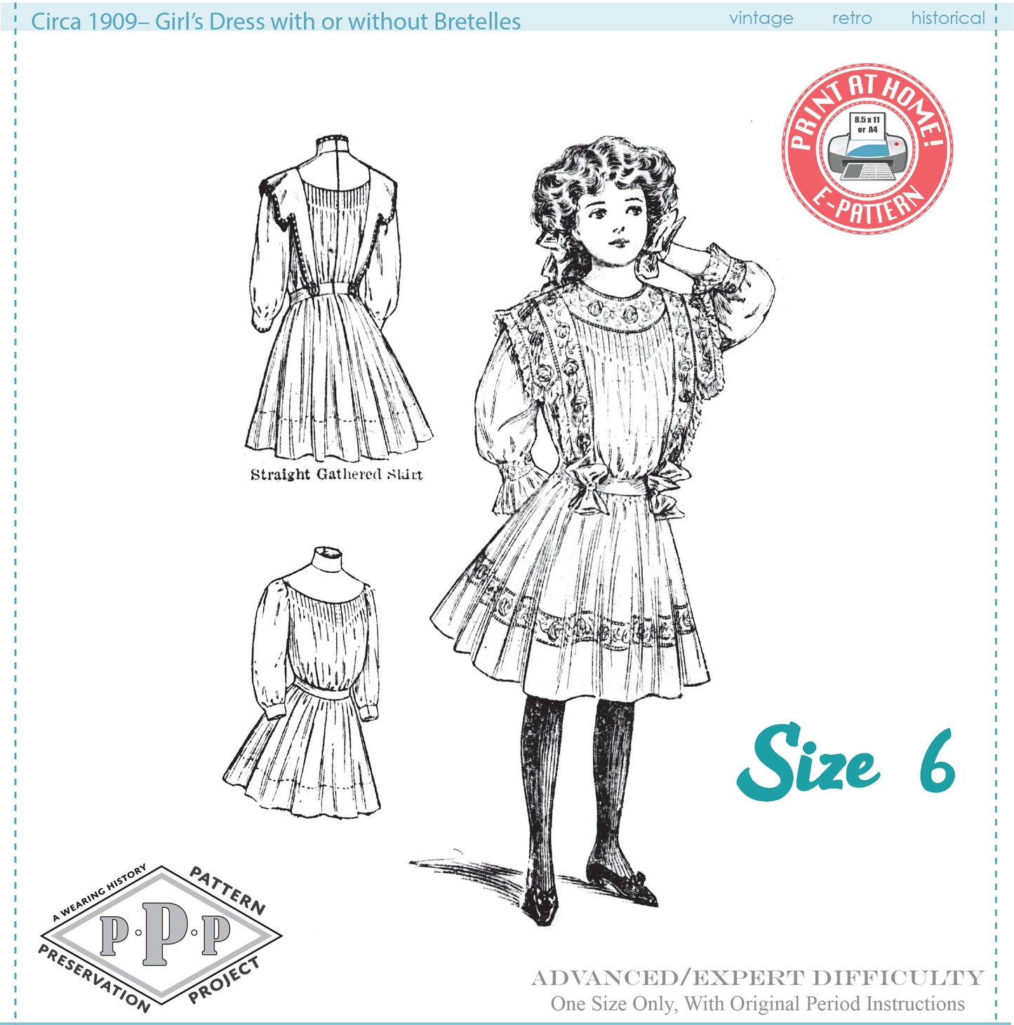 E-Pattern- Circa 1909 Girl's Edwardian Dress- Size 6