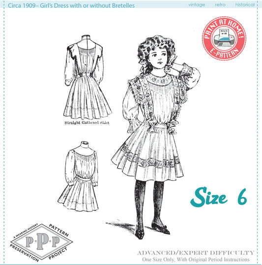 E-Pattern- Circa 1909 Girl's Edwardian Dress- Size 6