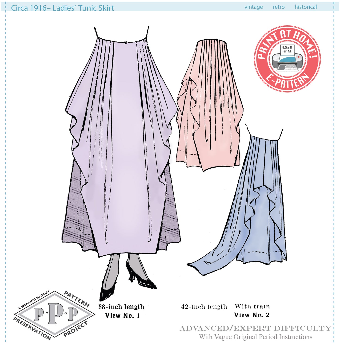 E- Pattern- Circa 1916 Tunic Skirt With Train- Size 22"-35.5" Waist