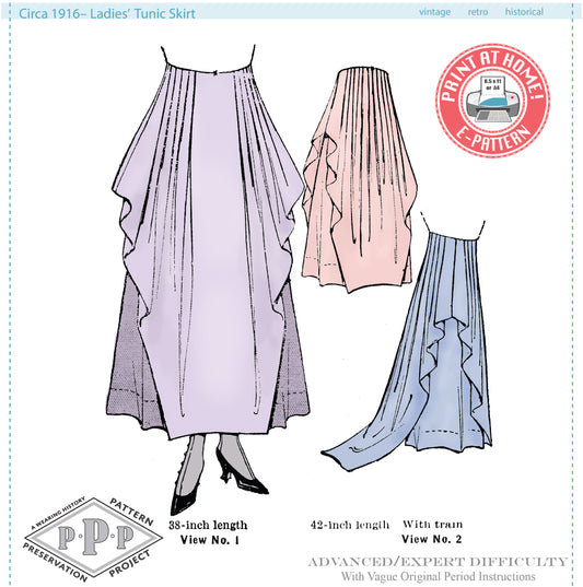 E-Pattern- Circa 1916 Tunic Skirt With Train- Size 22"-35.5" Waist