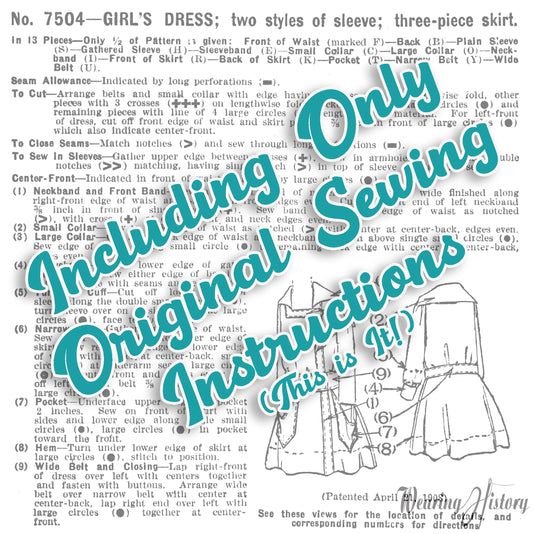Printed Pattern- Circa 1916 Girl's Dress- Size 6