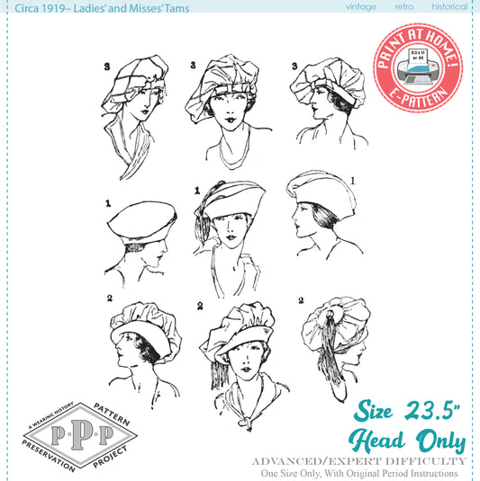 E-Pattern- Circa 1919 Tam Hats- Size 23.5" Head
