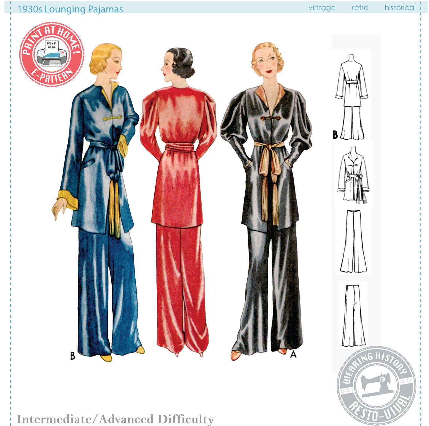 E-PATTERN- 1930s Lounging Pajamas- Bust 30-34"