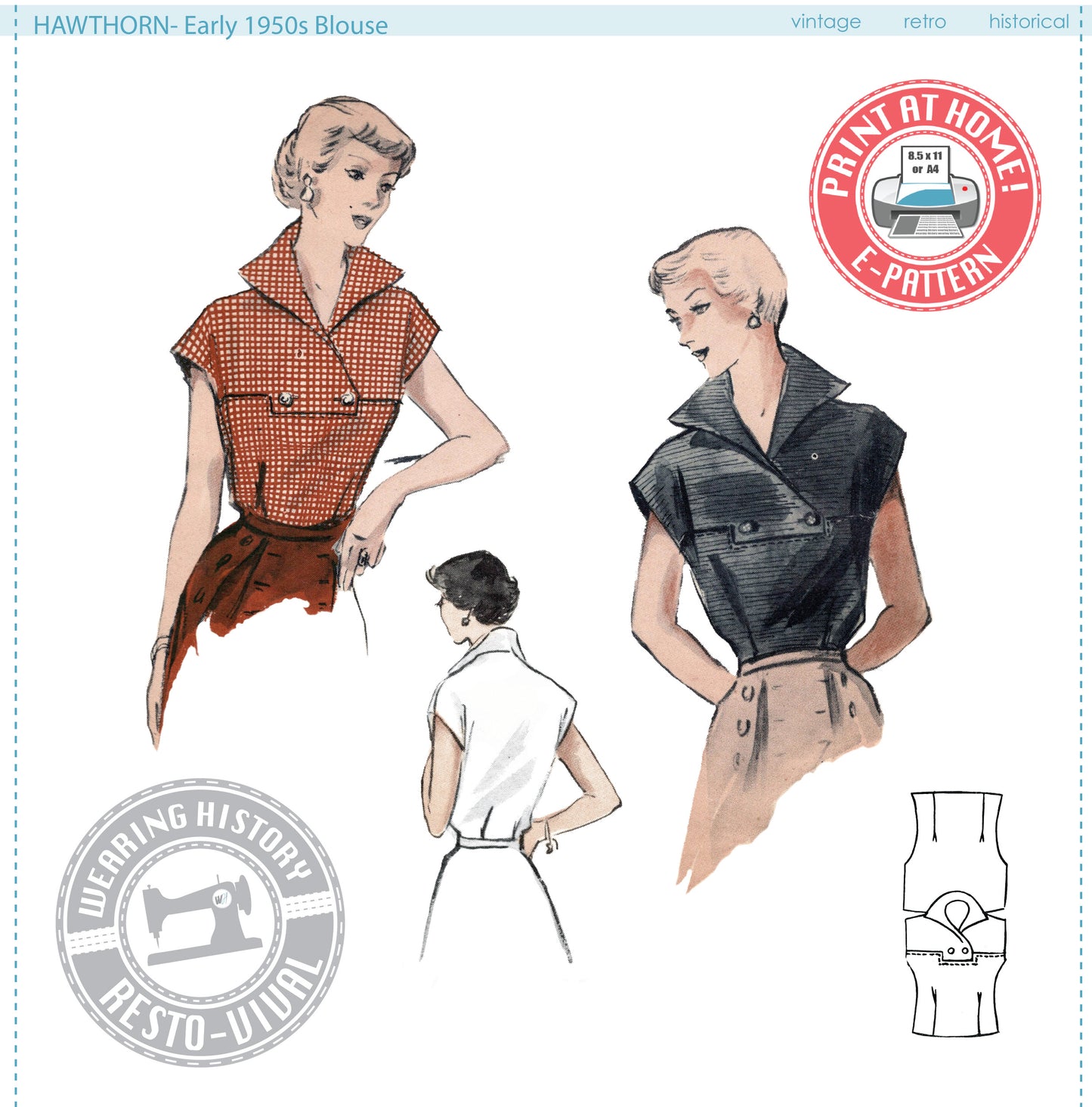 E-Pattern- 1950s "Hawthorn" Blouse Pattern- Sizes 30-48" Bust