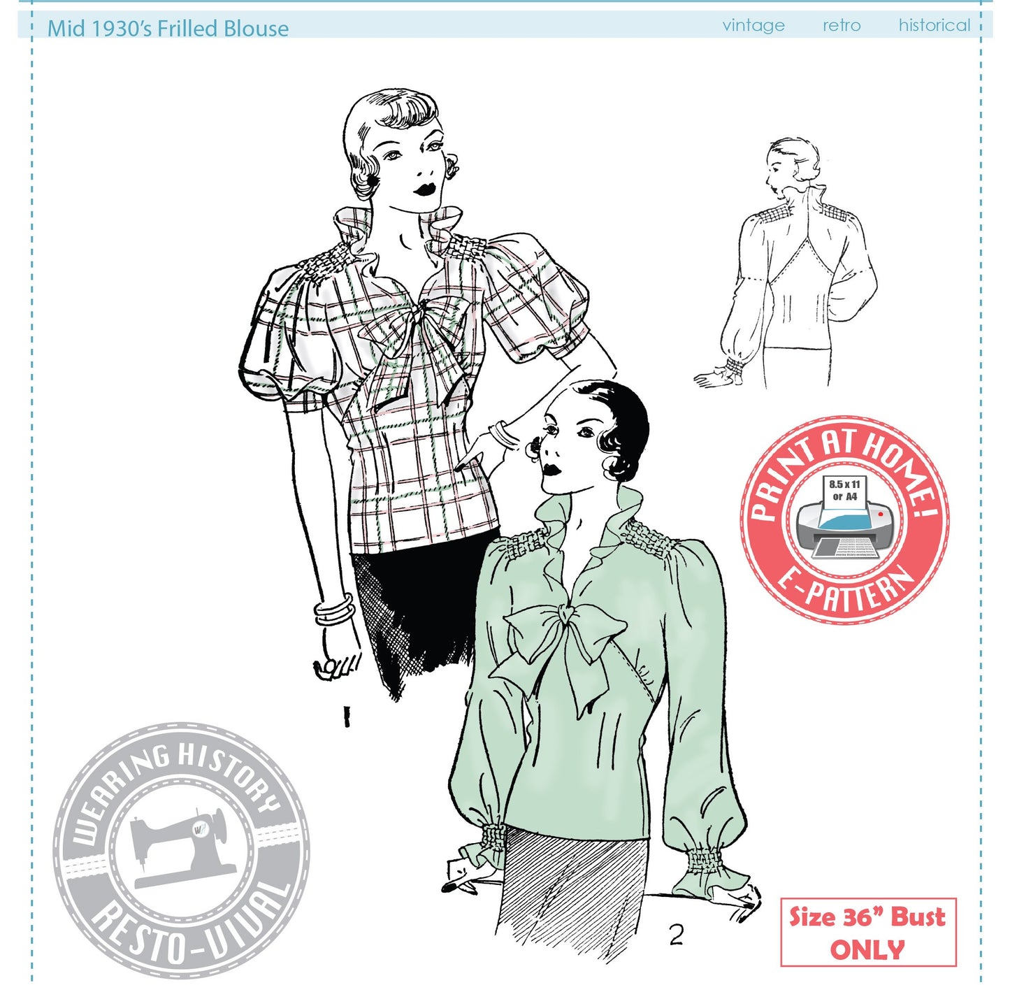 E-Pattern- Circa 1934 Frilled Blouse Pattern- Bust 36