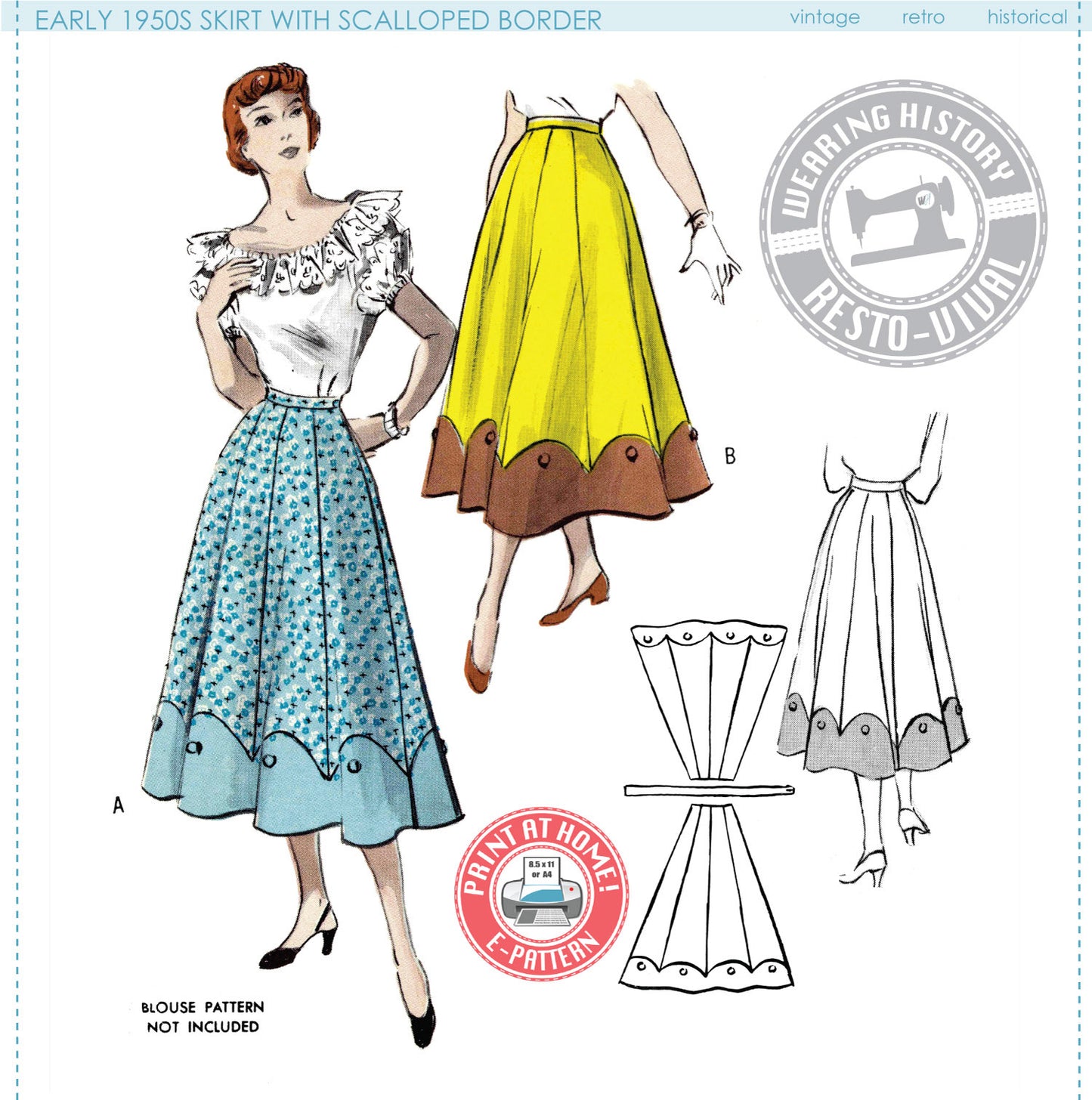 E-PATTERN- Early 1950's Skirt with Scalloped Detail- Waist Sizes 24"-42"