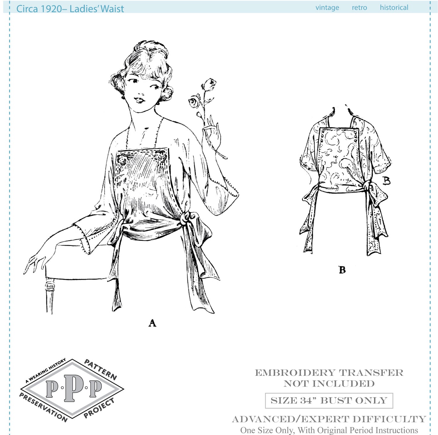 PRINTED PATTERN- Circa 1920 Ladies Blouse- Size 34" Bust