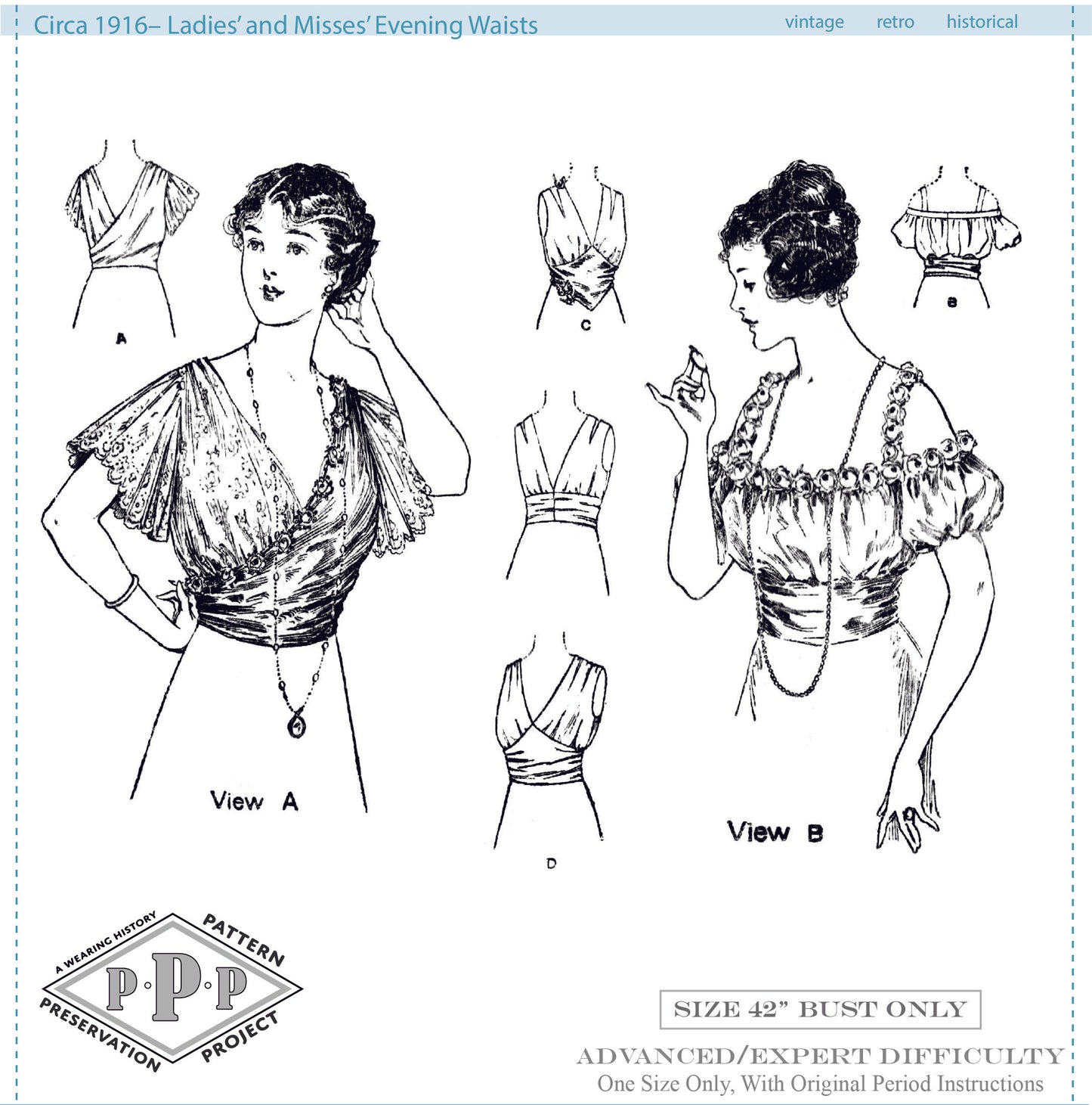 PRINTED PATTERN- Circa 1916 Ladies Evening Waists- Size 42" Bust