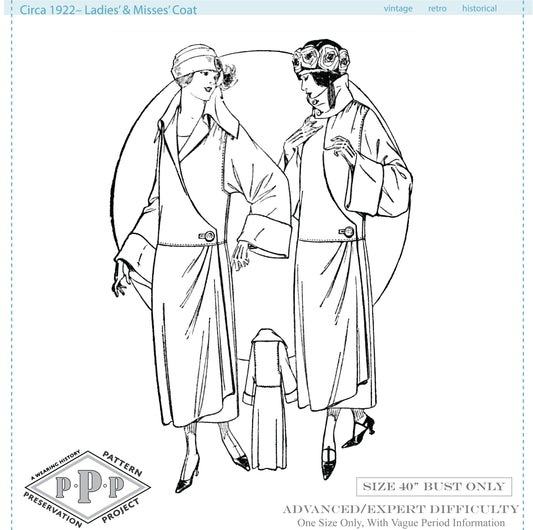 PRINTED PATTERN- Circa 1922 Ladies & Misses Coat Pattern- Size 40" Bust -1920s