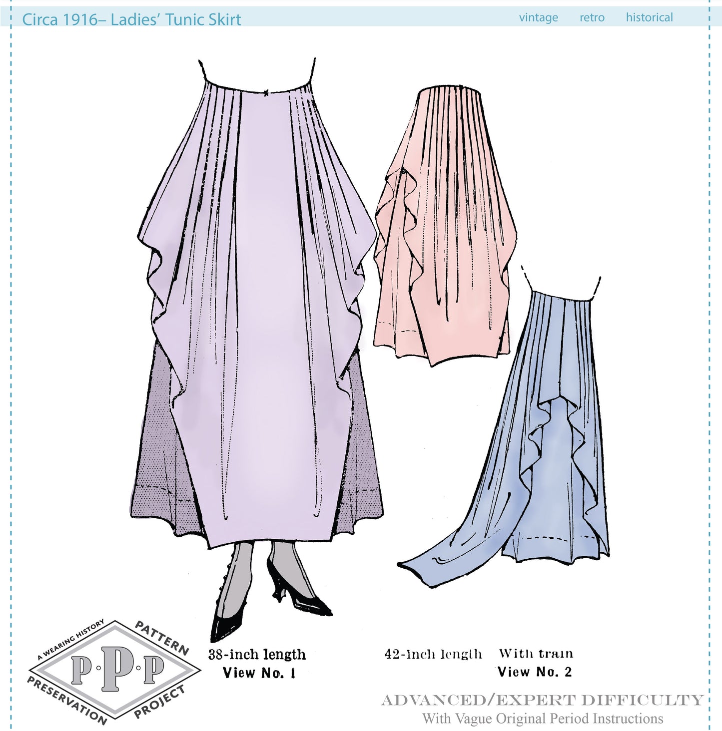 Printed Pattern- Circa 1916 Tunic Skirt With Train- Size 22"-35.5" Waist