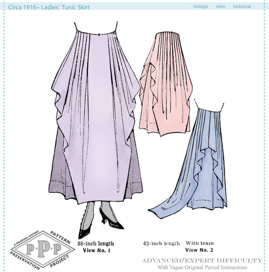 Printed Pattern- Circa 1916 Tunic Skirt With Train- Size 22"-35.5" Waist