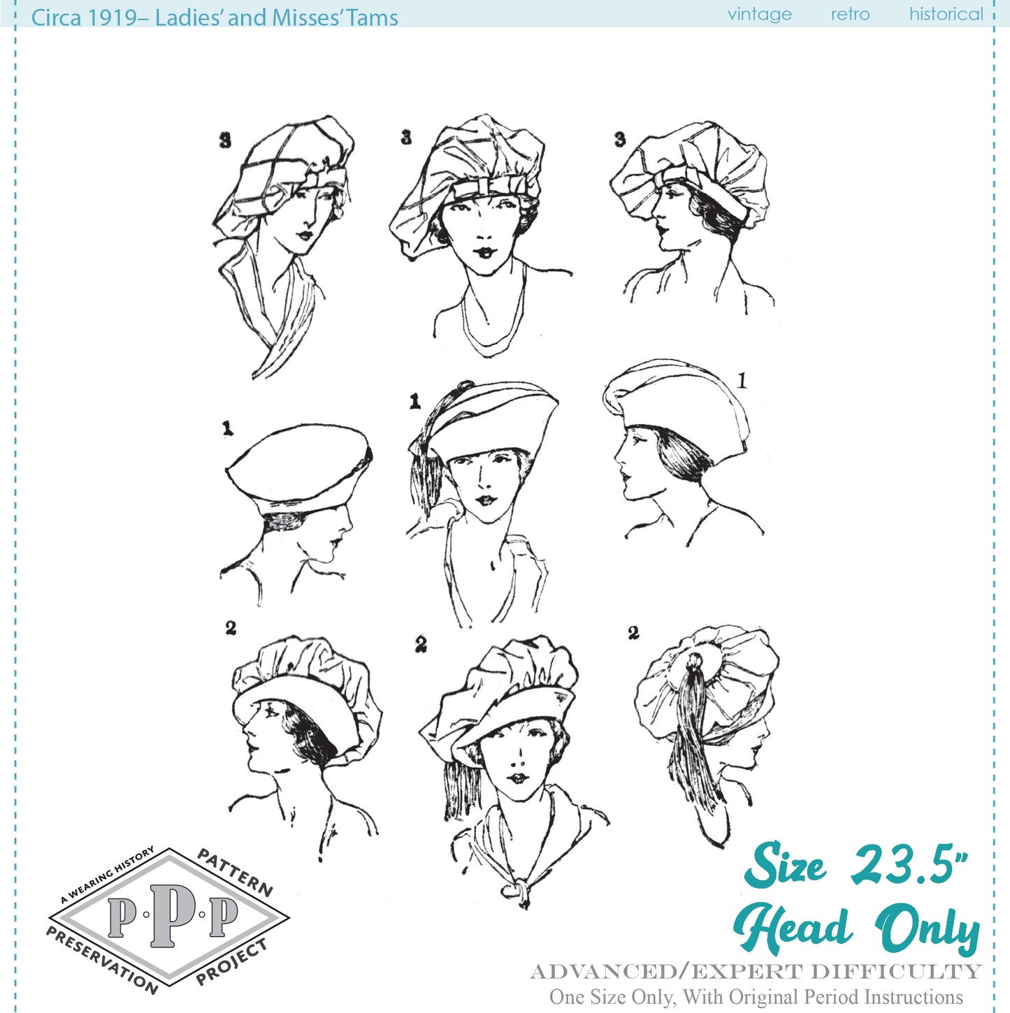 PRINTED PATTERN- Circa 1919 Tam Hats- Size 23.5" Head