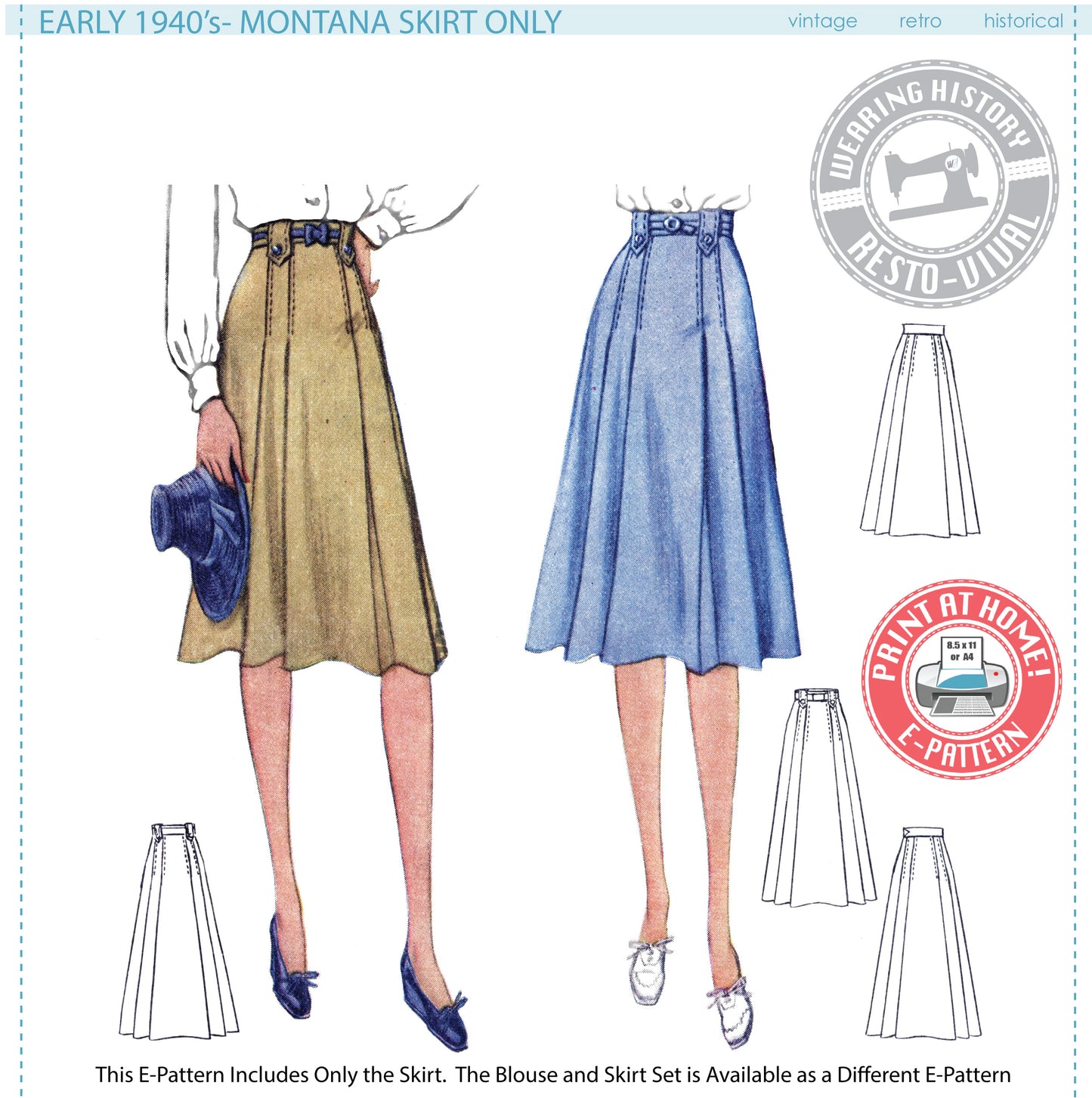 E-PATTERN- Early 1940s Montana SKIRT ONLY Pattern- Waist 26"-36"