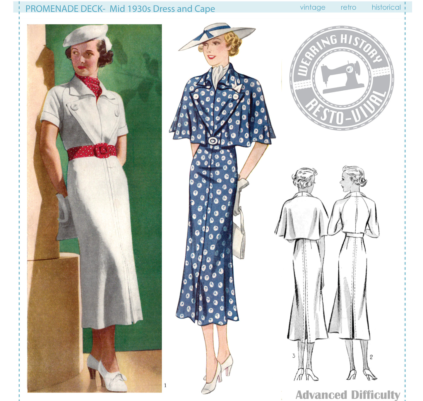 PRINTED PATTERN- Mid 1930s Dress & Cape Pattern- Bust 30-44"- "Promenade Deck"