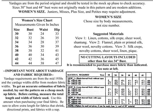 E-PATTERN- Mid 1930s Dress & Cape Pattern- Bust 30-44"- "Promenade Deck"