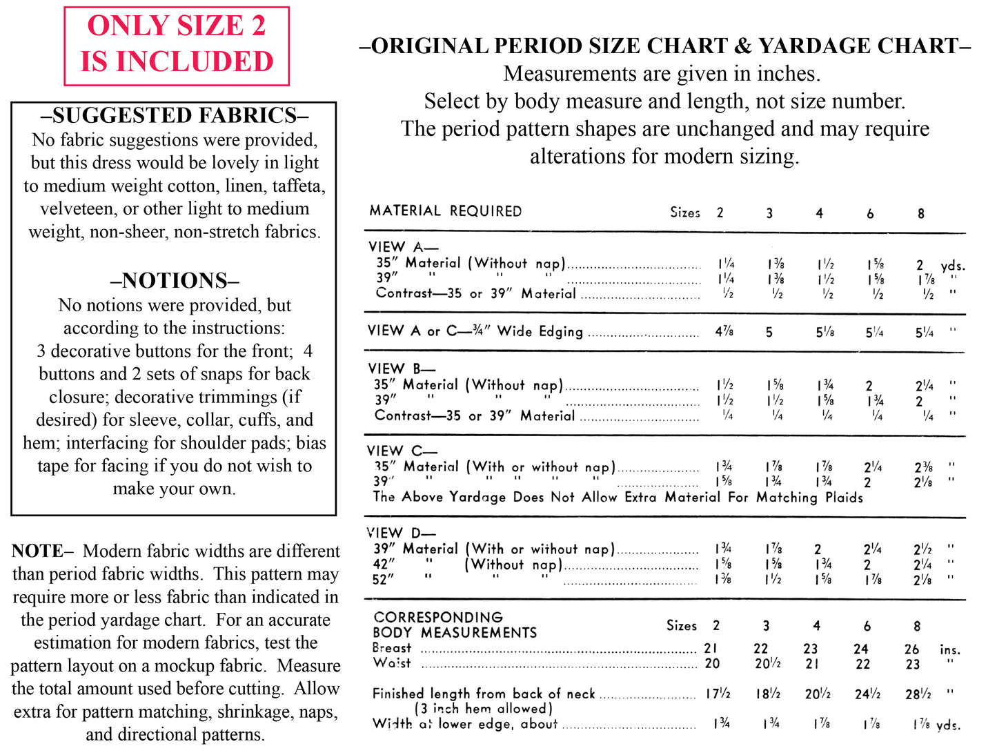 PRINTED PATTERN- Late 1940's Girl's Size 2 Dress with Pleated Inset Yoke Pattern