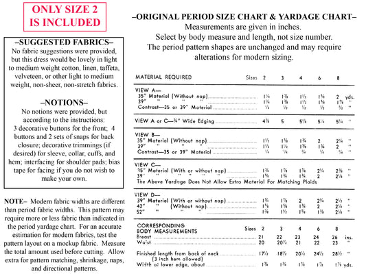 E-PATTERN- Late 1940's Girl's Size 2 Dress with Pleated Inset Yoke Pattern