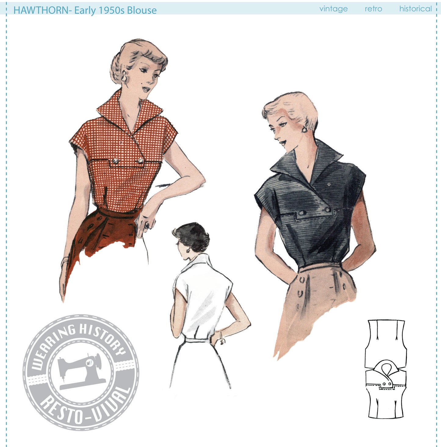 PRINTED PATTERN- 1950s "Hawthorn" Blouse Pattern- Sizes 30-48" Bust