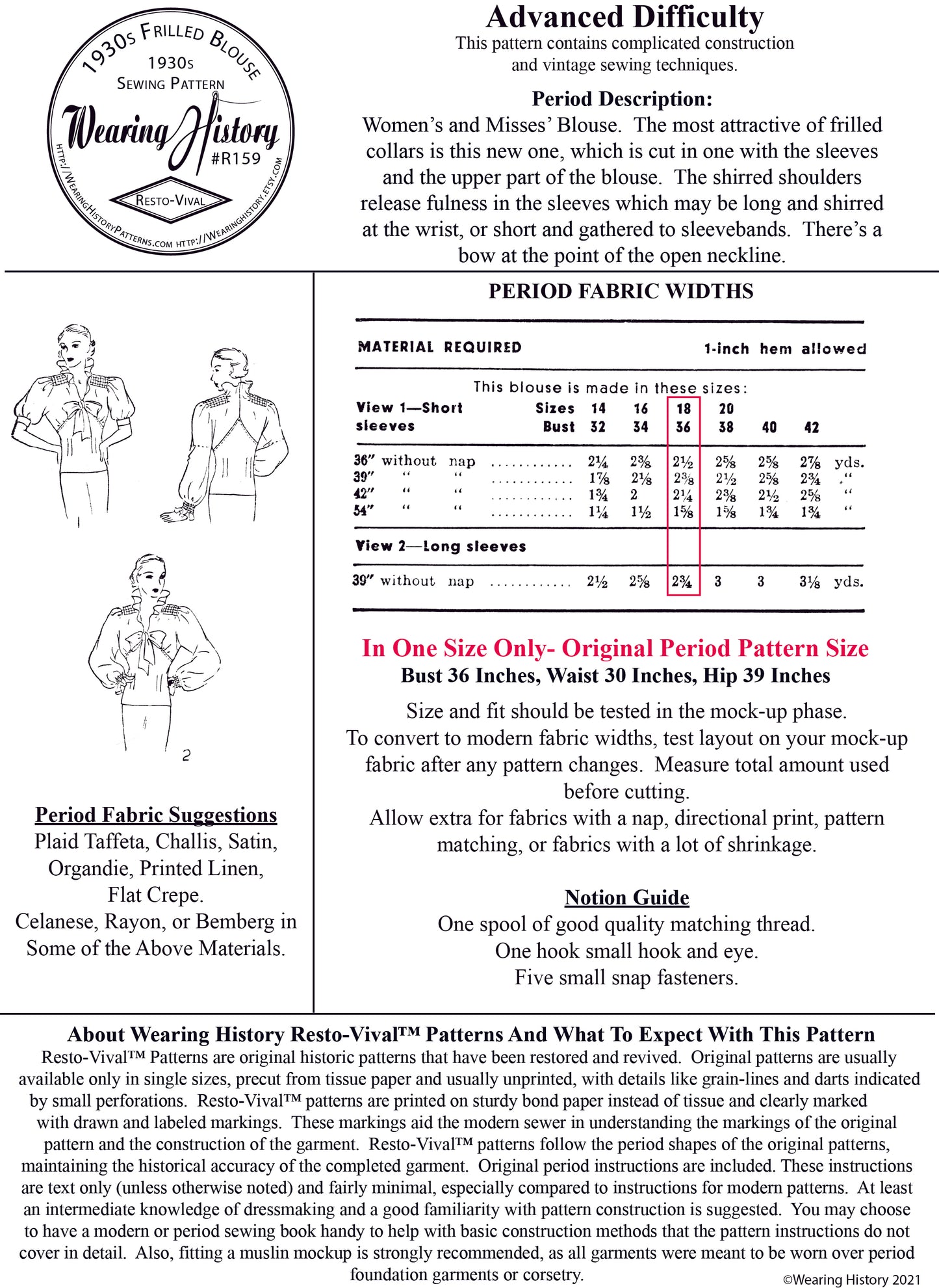 E-Pattern- Circa 1934 Frilled Blouse Pattern- Bust 36