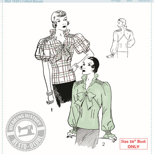 PRINTED PATTERN- Circa 1934 Frilled Blouse Pattern- Bust 36