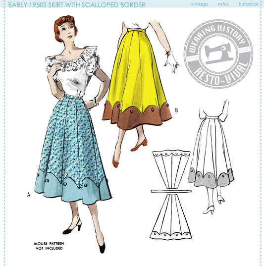 PRINTED PATTERN- Early 1950's Skirt with Scalloped Detail- Waist Sizes 24"-42"