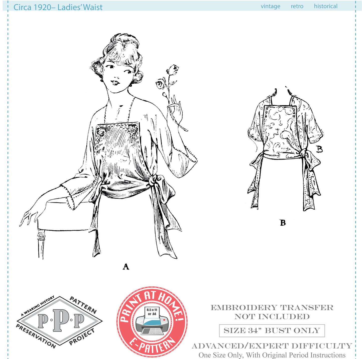 E-Pattern- Circa 1920 Ladies Blouse- Size 34" Bust
