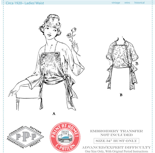 E-Pattern- Circa 1920 Ladies Blouse- Size 34" Bust
