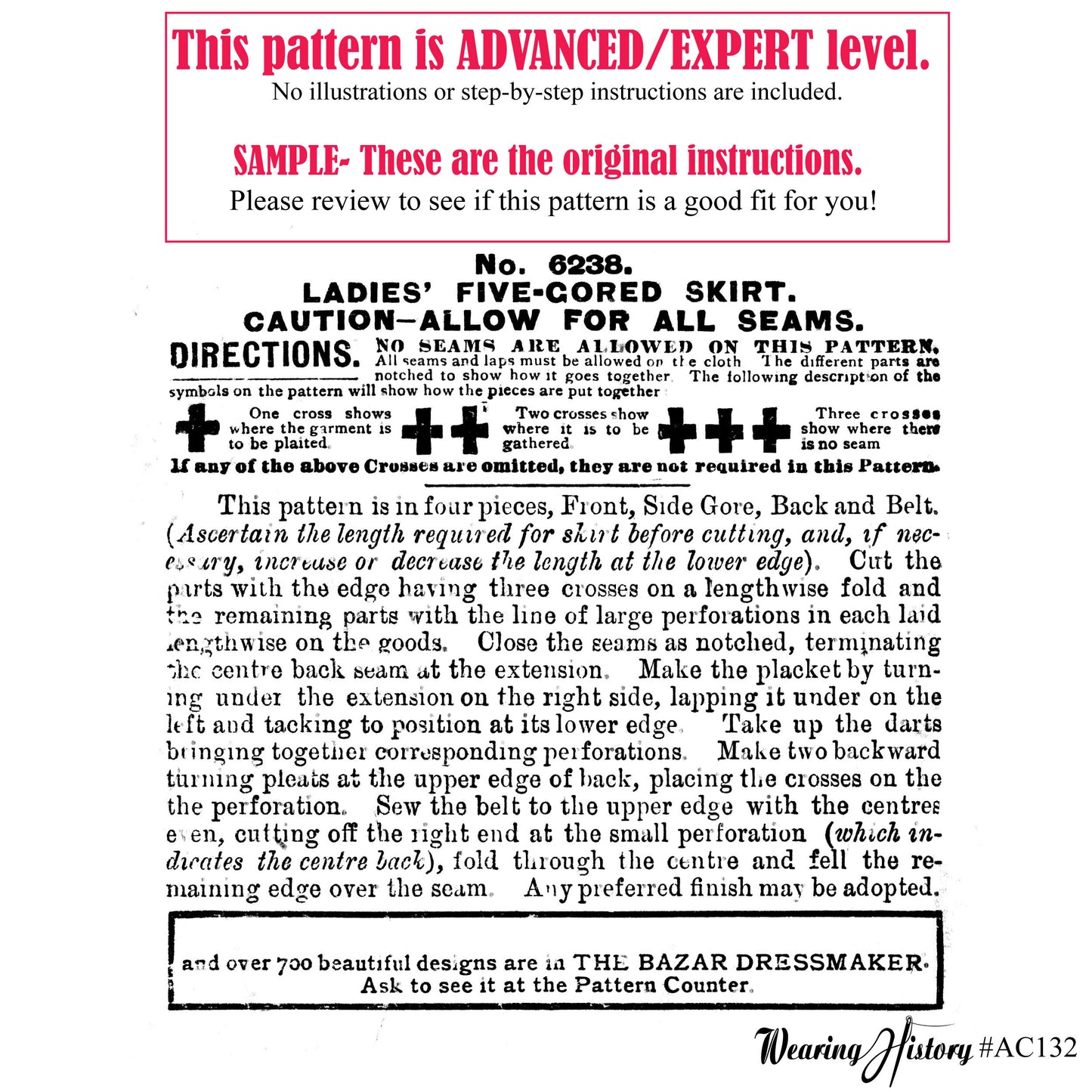 PRINTED PATTERN- 1900 Five Gored Skirt Pattern with Double Pleated Back