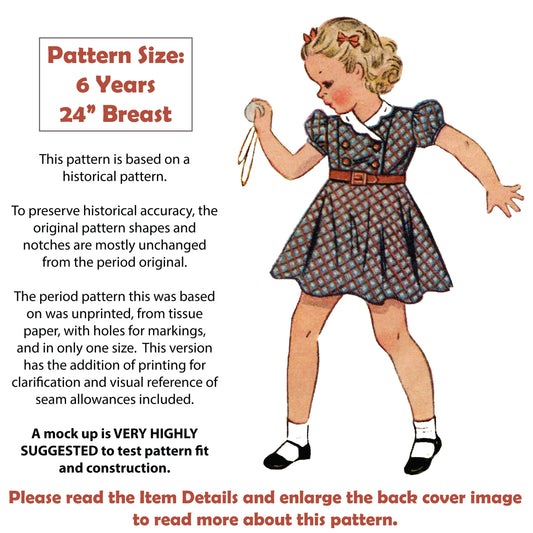 E-Pattern- Late 1930's Girl's Size 6 Double Breasted Dress & Panties