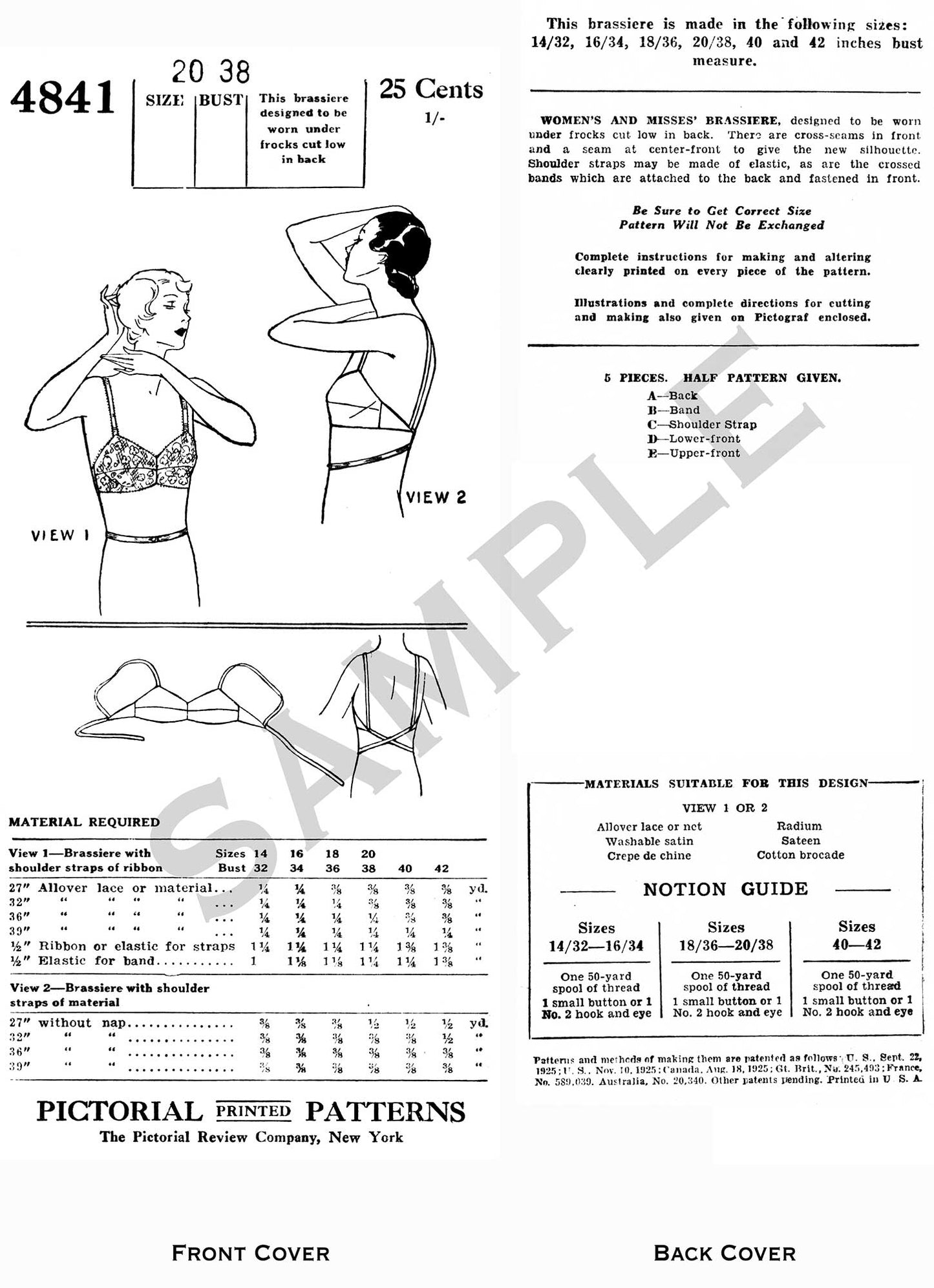 Printed Pattern- Early 1930s Low Back Bra Pattern- Size 38" Bust