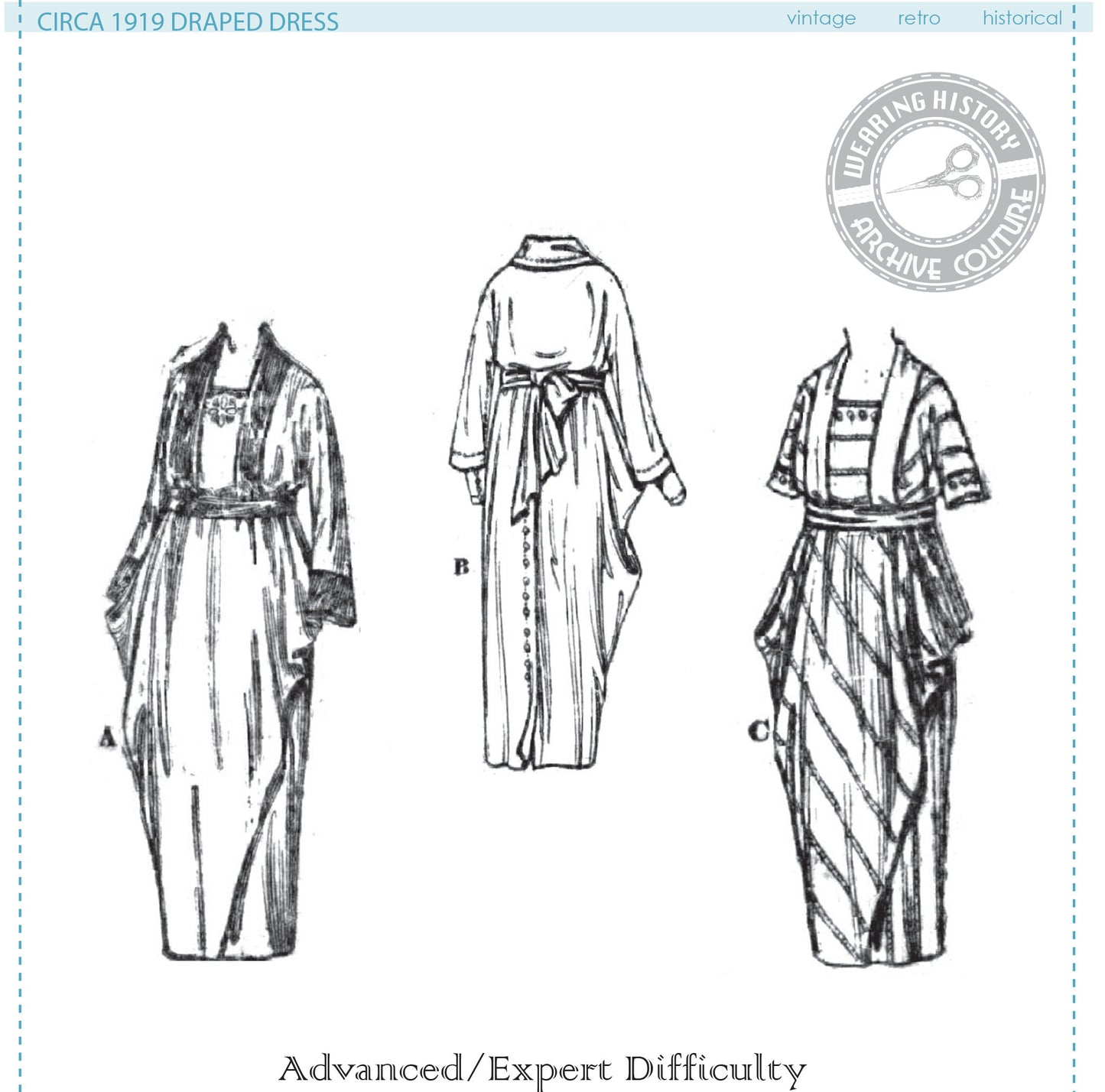 Printed Pattern- Circa 1919 Draped Dress- 1910s- WWI- Bust 36"