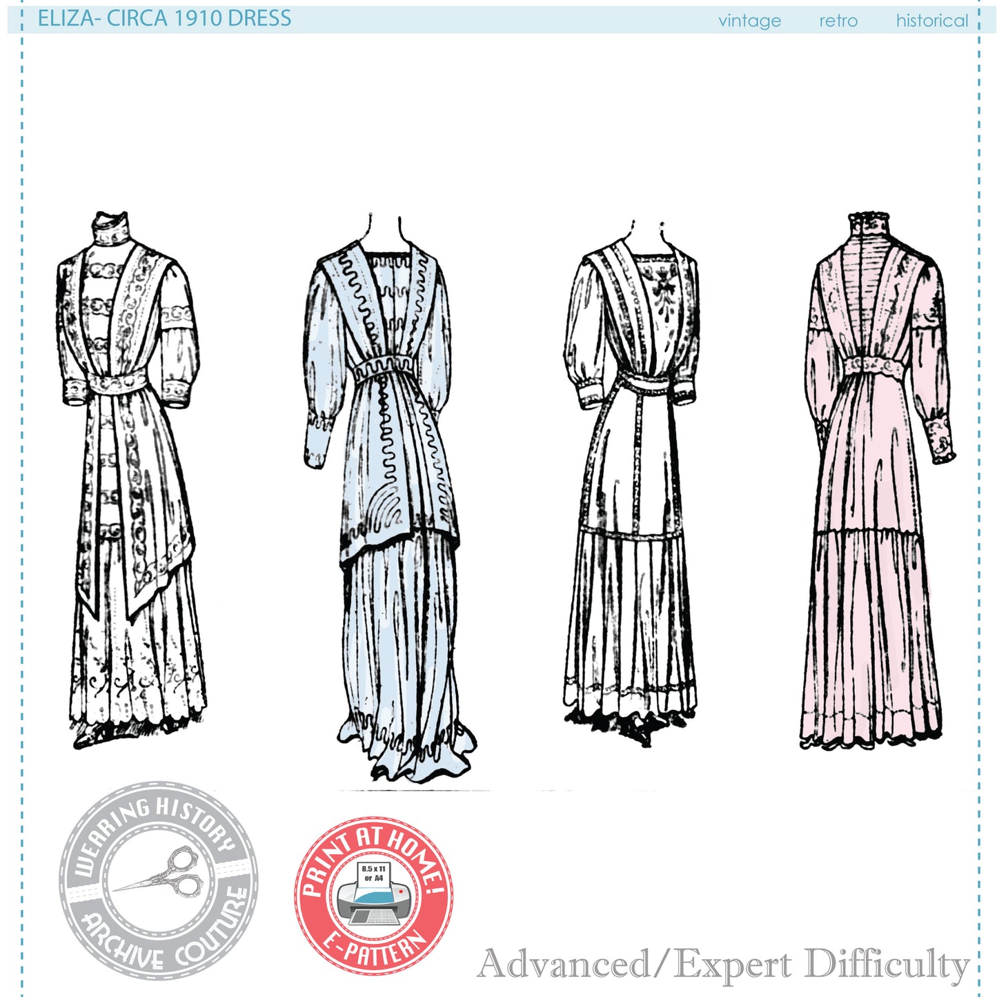 E-Pattern- Circa 1910 "Eliza" Dress- Bust 36" Waist 26"