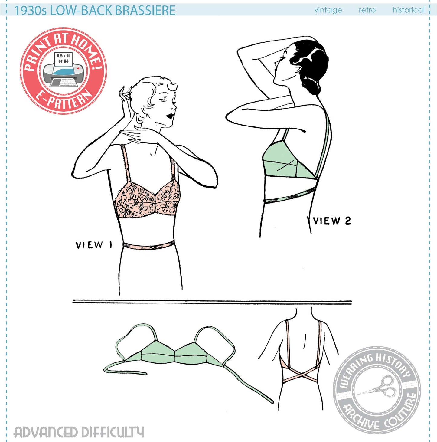E-Pattern- Early 1930s Low Back Bra Pattern- Size 38" Bust