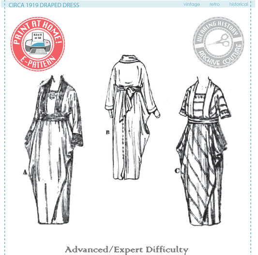 E-Pattern-  Circa 1919 Draped Dress- 1910s- WWI- Bust 36"