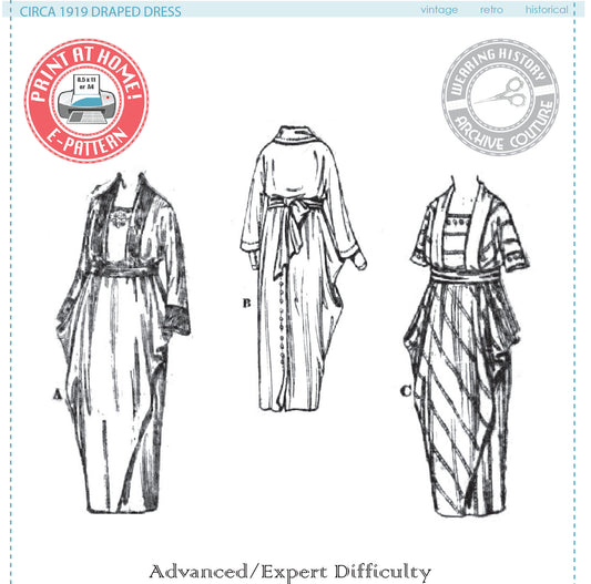 E-Pattern- Circa 1919 Draped Dress- 1910s- WWI- Bust 36"