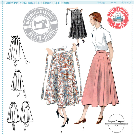 E-PATTERN- Early 1950's Merry-Go-Round Circle Skirt- Waist Sizes 24"-46"