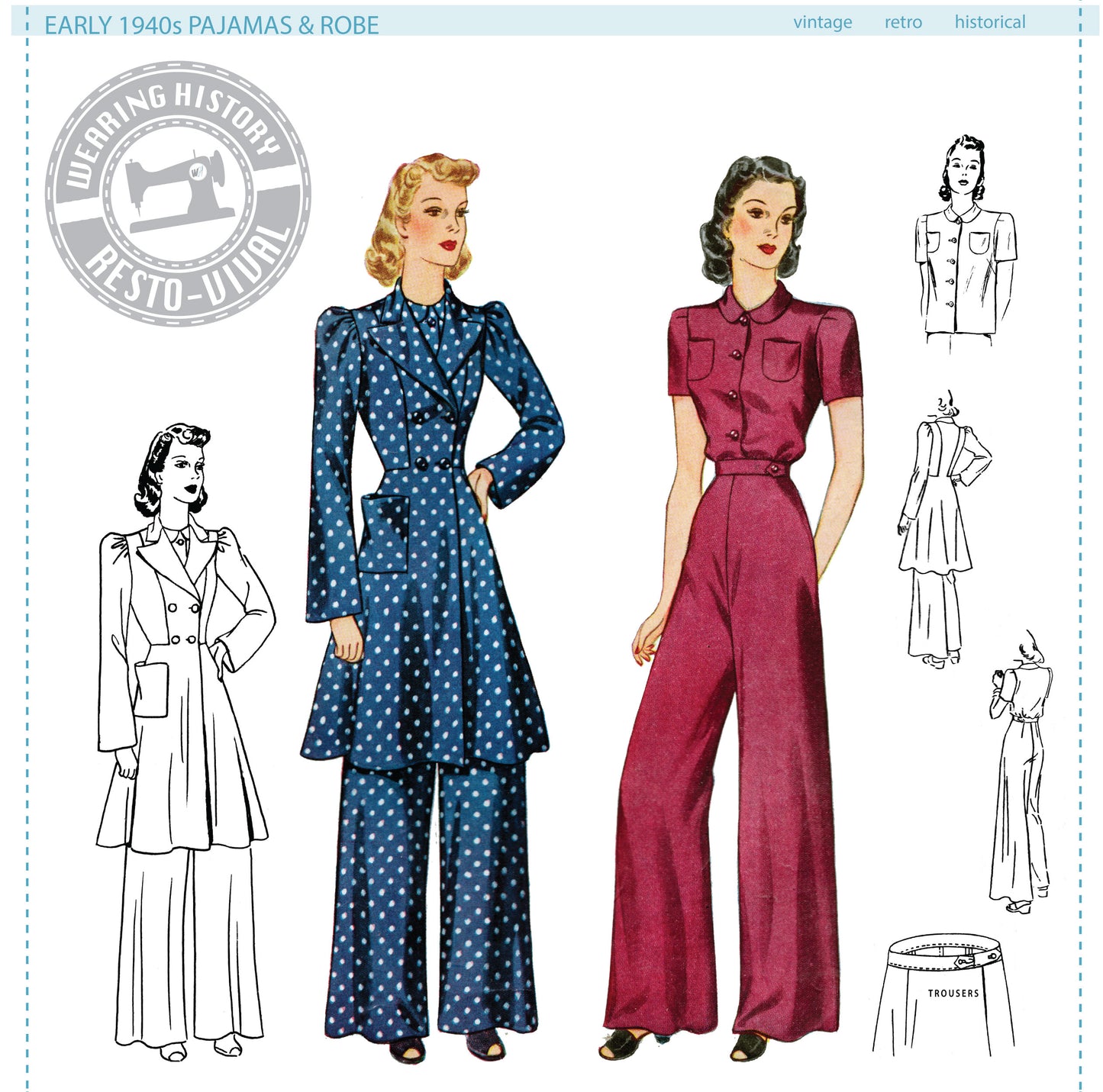 PRINTED PATTERN- Early 1940s Pajamas & Coat Pattern- Sizes 30-44" Bust