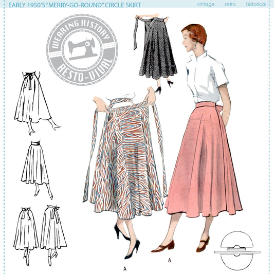 PRINTED PATTERN- Early 1950's Merry-Go-Round Circle Skirt- Waist Sizes 24"-46"